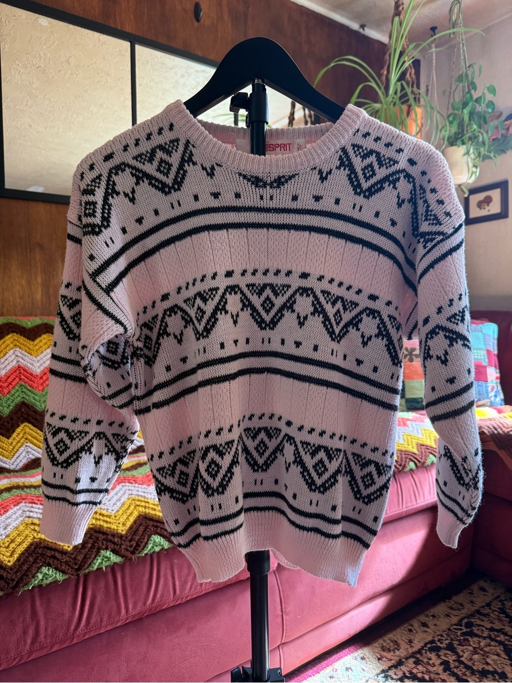 Vintage 80s ESPRIT Pink Black Geometric Knit Sweater M